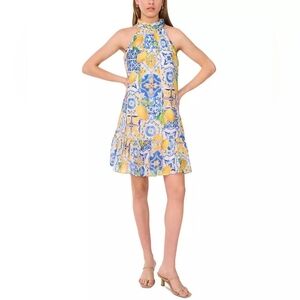 Lemon And Blue Tile Print Halter Greek Ruffle Sundress